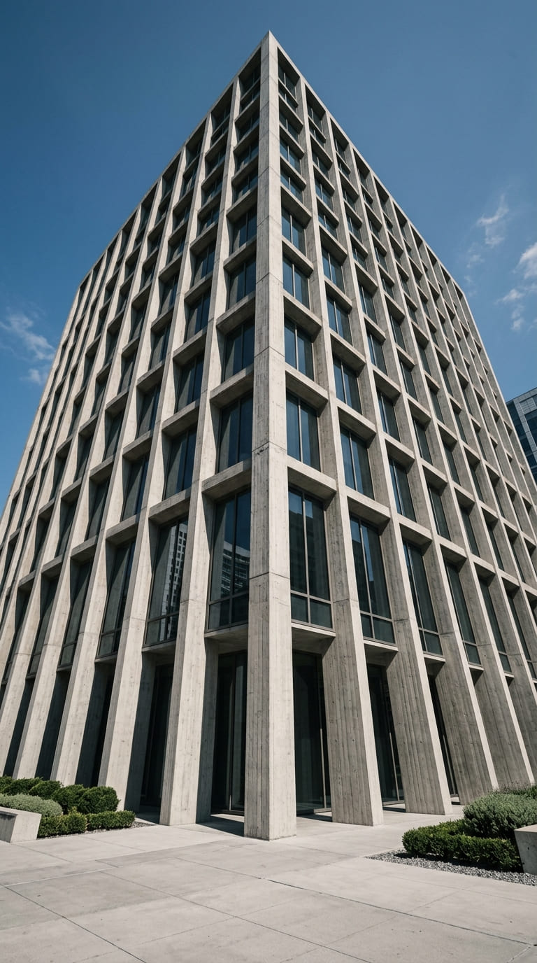Brutalist-inspired concept art representing Skyheiire's enterprise architecture
