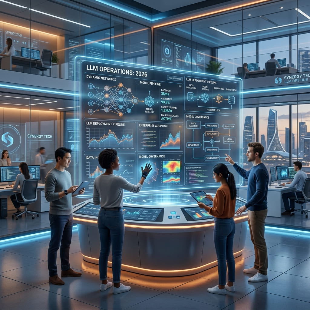 Futuristic concept art representing LLM operationalization